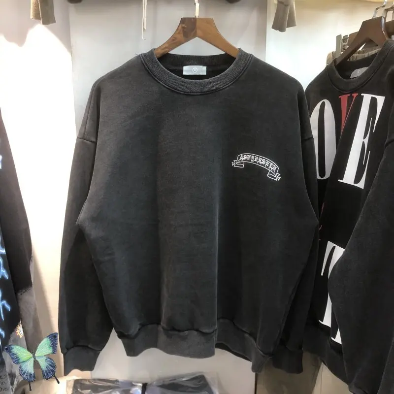 

ASK Sanskrit Print Men's Loose Wash Do Old Distressed Fleece Small Neck Askyurself Pullover Sweatshirt