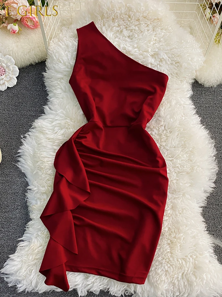 

E GIRLS Sexy Skew Collar Sleeveless Bodycon Dress Women Elegant High Waist Sheath Mini Vestidos Female Spring Summer New