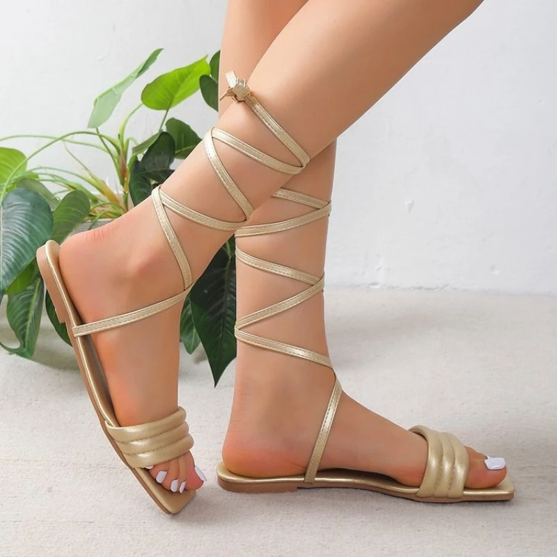 

New Summer Shoes for Women Fashion Open Toe Flat Sandals Solid Color Women Shoes Sexy Lace Up Sandalias De Mujer Plus Size 43