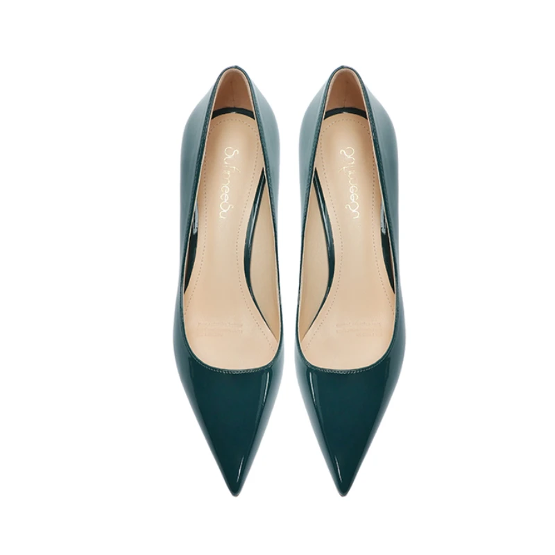 Dark Color Sexy Single Shoes Women Patent Leather Peacock Blue 6cm Medium Stiletto High Heels Party Pointed Toe Slip-on Pumps