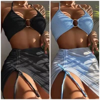 womens solid color bikini summer drawstring lace gauze skirt beach spa three piece swimsuit halter metal ring seaside bikini