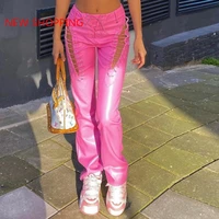 faux pu high waist pants y2k women chic hollow out bandage sexy summer trend leather club trousers harajuku slim streetwear punk