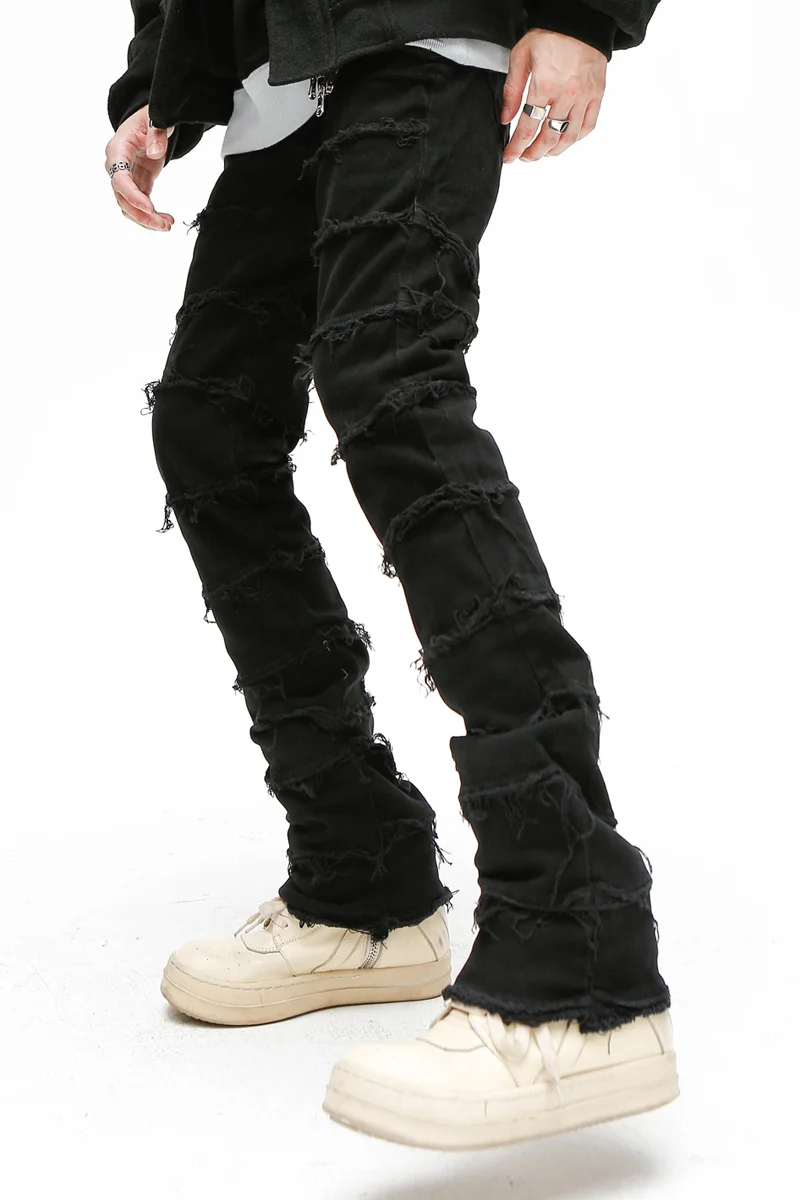 Erosion Damage Rough Edge Vintage Jeans Men's Ins Fashion Brand American High Street Straight Tube Thin Micro Flare Trousers