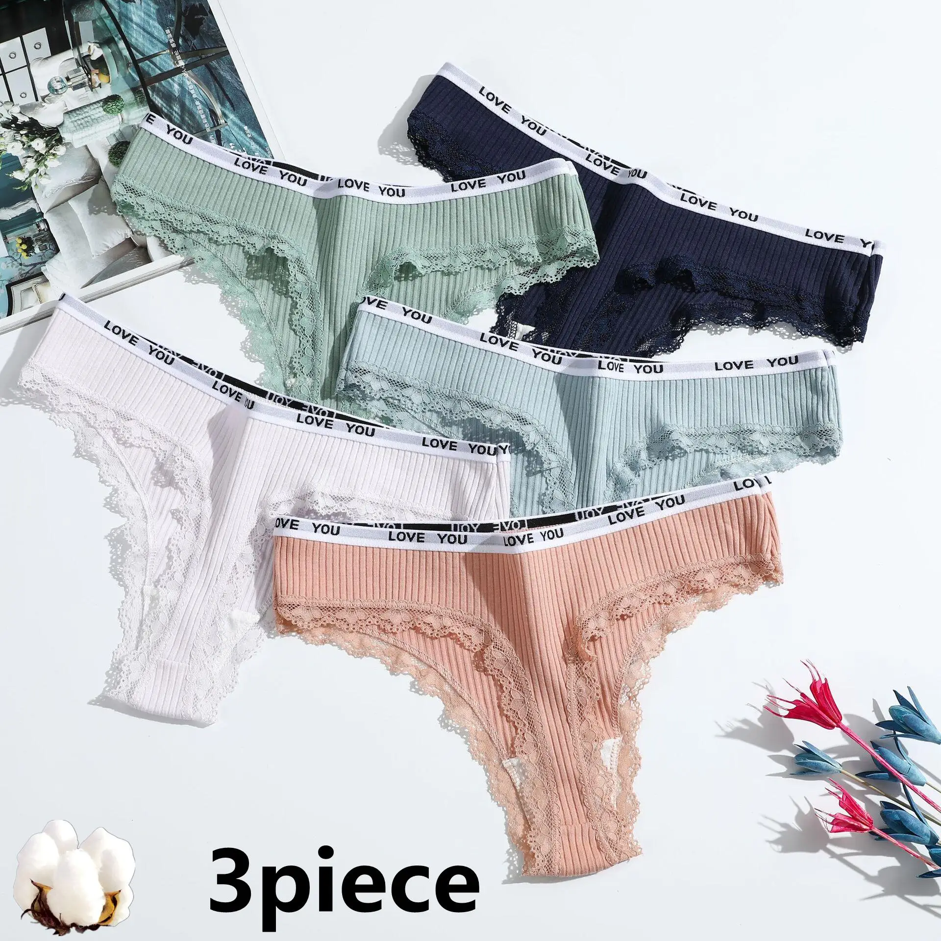 3-piece Thong cotton sexy ladies panties Women's underwear low waist solid color shorts black invisible underwear lace lace T-st