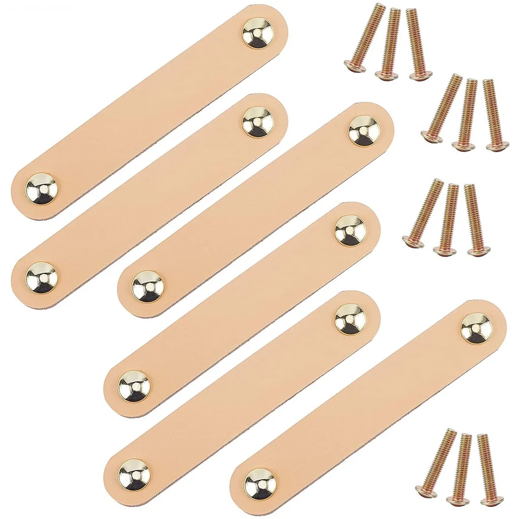 

6Pcs Leather Drawer Pull 5.5" Leather Cabinet Handle Pulls Knob with Screws for Closet Cabinet Wardrobe Door Handle Gold