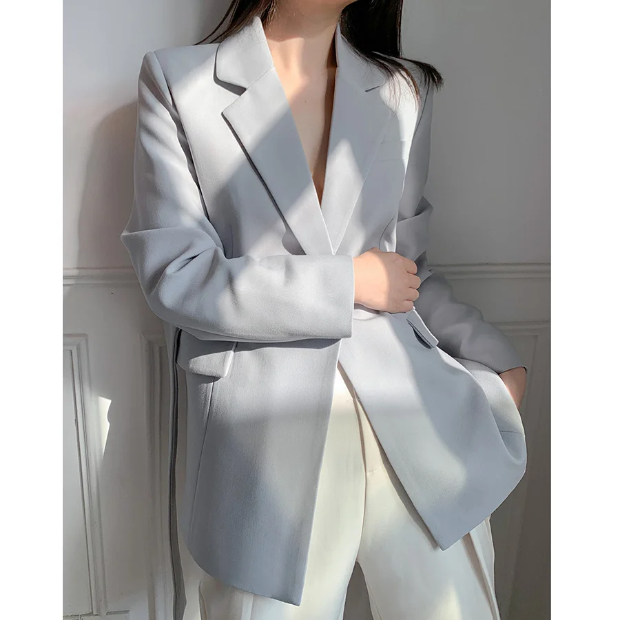 Blue Suit Jacket Light Women 2023 Spring New Korean Casual Sashes Office Lady Slim Blazer Coat Female Outfits