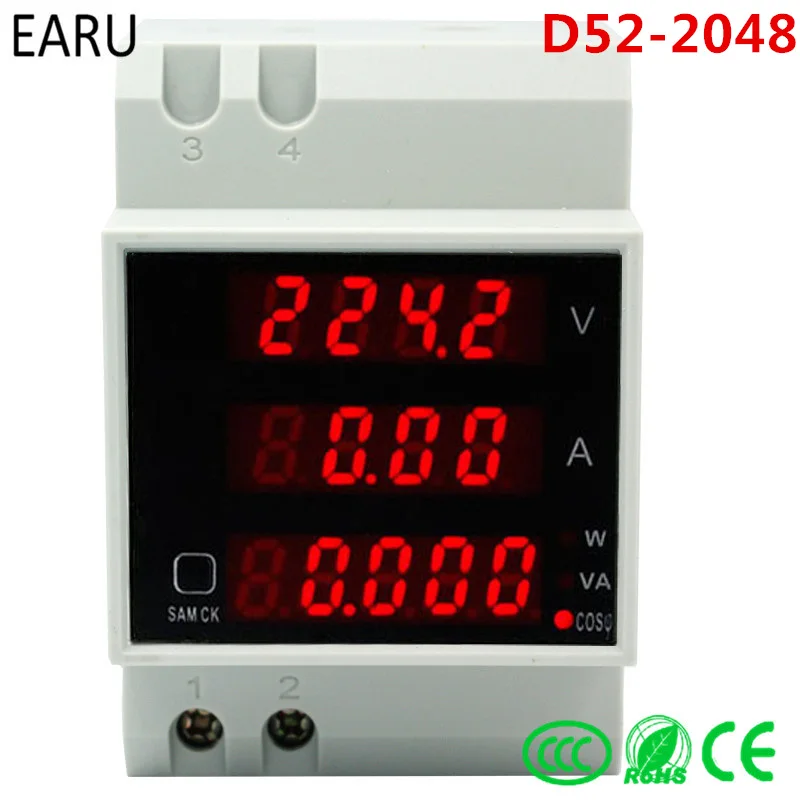 

D52-2048 Din rail LED Volt current Meter Active Power Factor Energy Ammeter Voltmeter AC 80-300V 0-100.0A 200a Gauge DIY