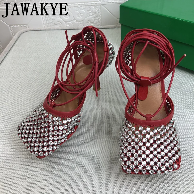 

Сандалии женские на высоком каблуке, натуральная кожа, сетчатый материал, кристаллы, высокий каблук-шпилька, квадратный носок, пикантные бо...