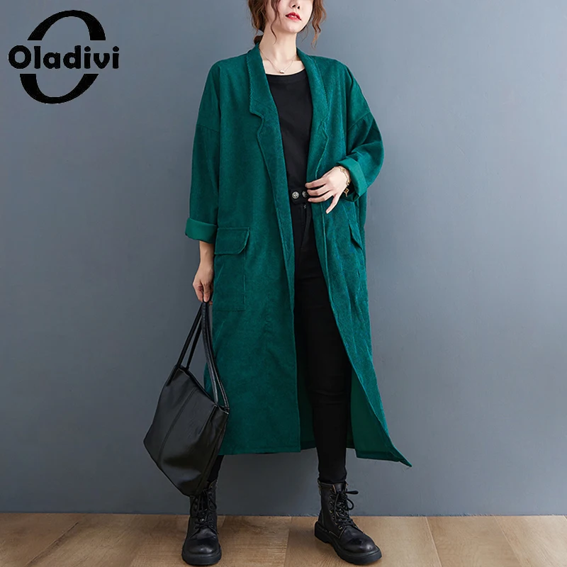 

Oladivi Oversized Women Long Corduroy Trench Coat Spring Autumn New Outerwears Ladies Casual Loose Overcoat 9350 4XL 5XL 6XL 7XL