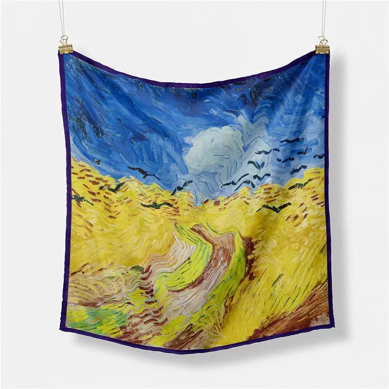 

53x53cm Painting Art Tapestry Vintage Silk Scarf Vase with Fruit Satin Decorative Headband Hair Towel Ukraine Home Wall Decor