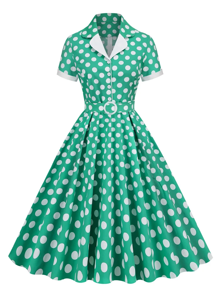 

2023 New Polka Dot Vintage 50s Rockabilly Dress Women Elegant Notched Collar Buttons Pinup Robe Ladies Cotton Long Dresses