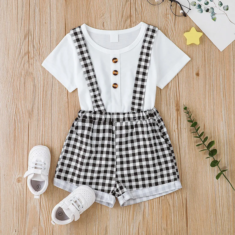 

2022 New Summer Clothes Sets Short Sleeve Button Plaid Overalls White Cute 2 Piece Sets Designer Boys Clothes Sets 4-7T