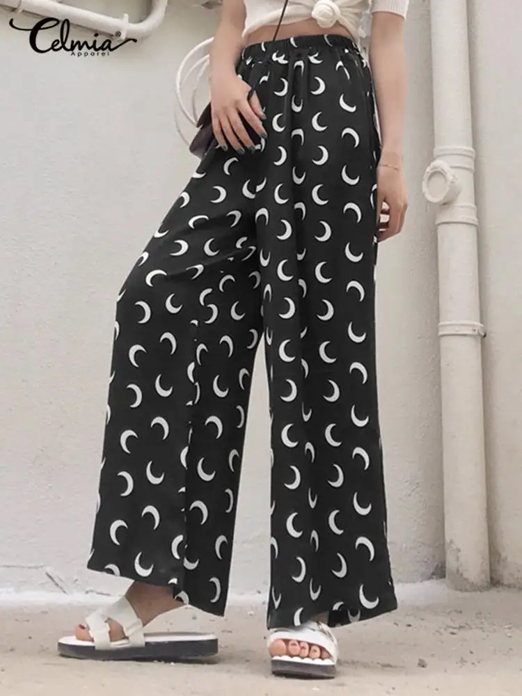 

Celmia Summer Women's Harem Pants Causal Moon Printing Wide Leg Pants 2022 High Waist Long Trousers Streetwear Loose Pantalon
