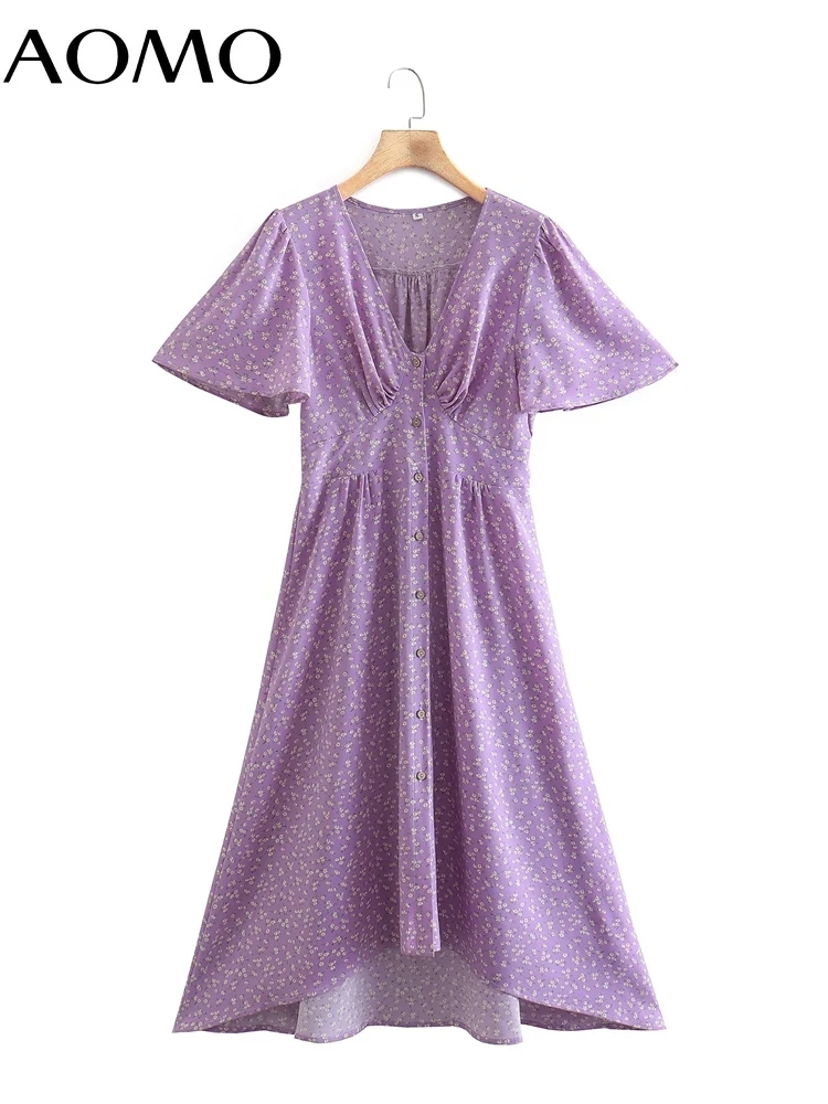 

AOMO 2022 Summer Fashion Women Floral Shirt Dress Flare Short Sleeve Casual Ladies Midi Dress 8Y43A