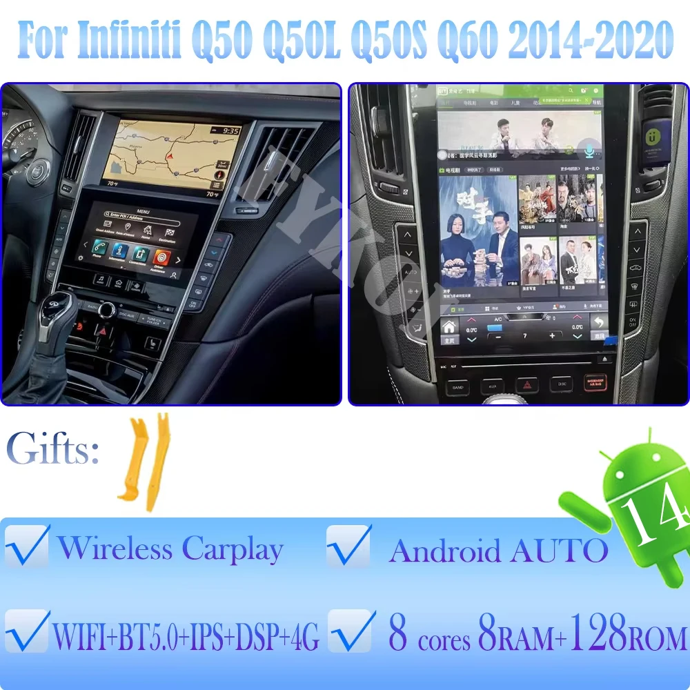 

Android 15 для Infiniti Q50 Q50L Q50S Q60 2014-2020, автомобильный радиоприемник, автомобильный мультимедийный экран Tesla, Carplay, авто Bluetooth, GPS 4G