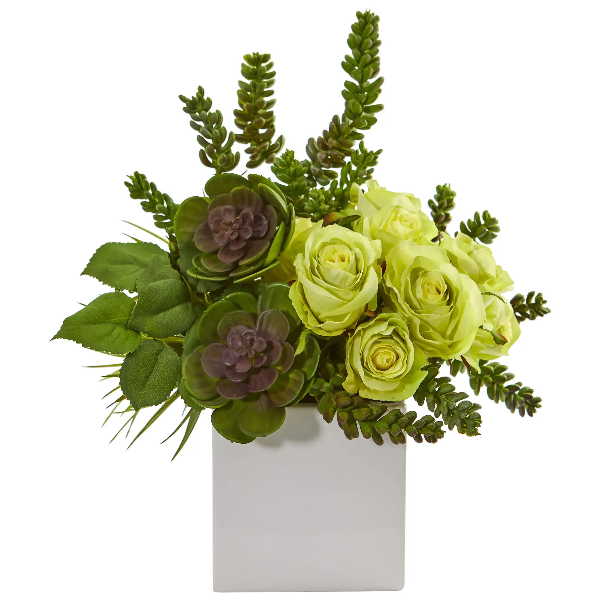 

Green 14" Rose & Succulent Artificial Flower Arrangement in White Vase