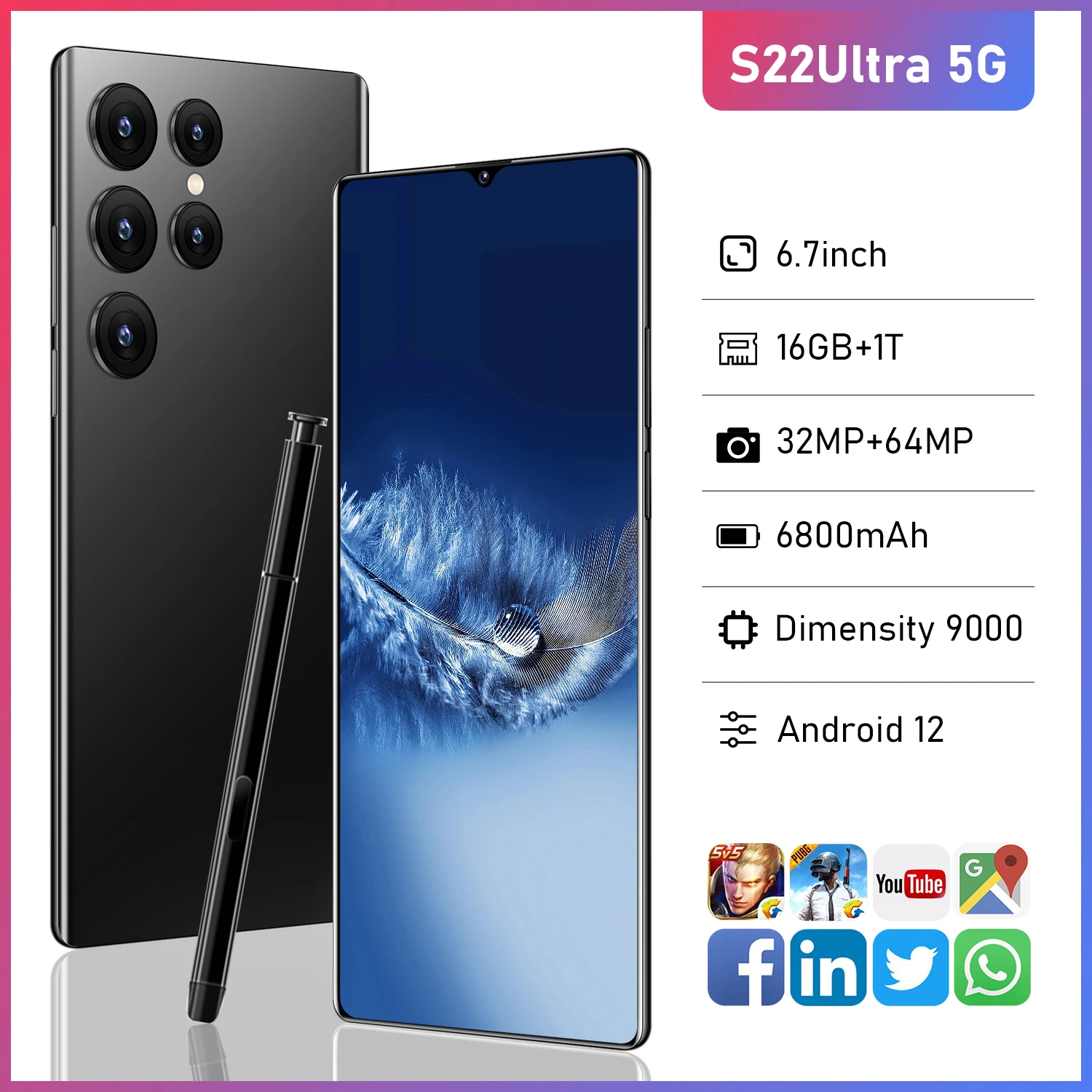 

Смартфон S22 Ultra игровой, 16 + 1 ТБ, 2022 мАч, 6800 дюйма, 32 + 64 мп