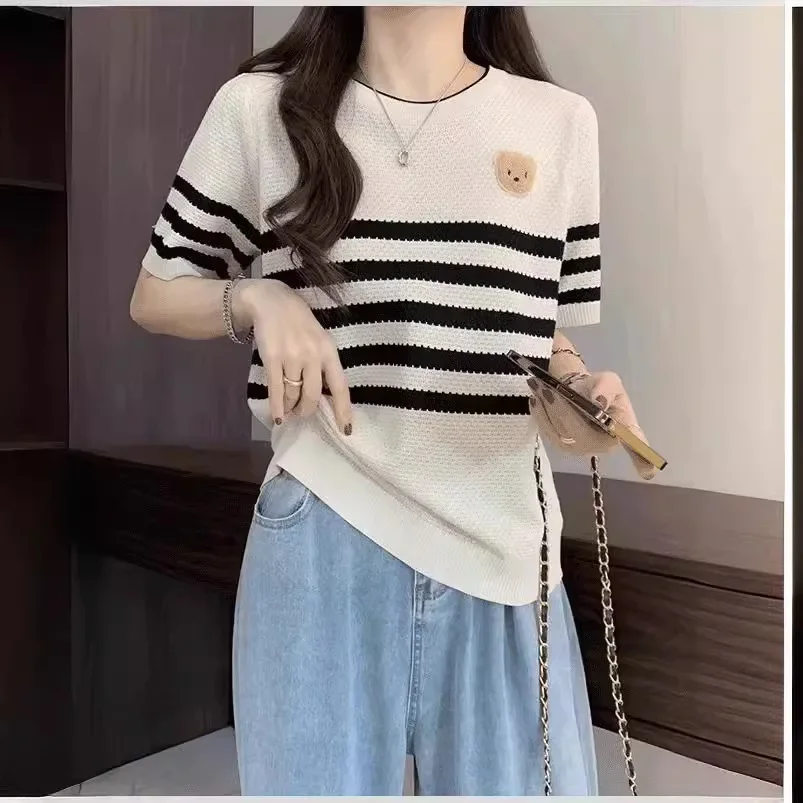 Новый летний мужской укороченный вязаный топ в полоску с круглым вырезом для