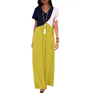 Maxi Long Dress Summer Long Dress V Neck Short Sleeve Splicing Design Contrast Color Maxi Dress Beachwear Sundress Casual Dress