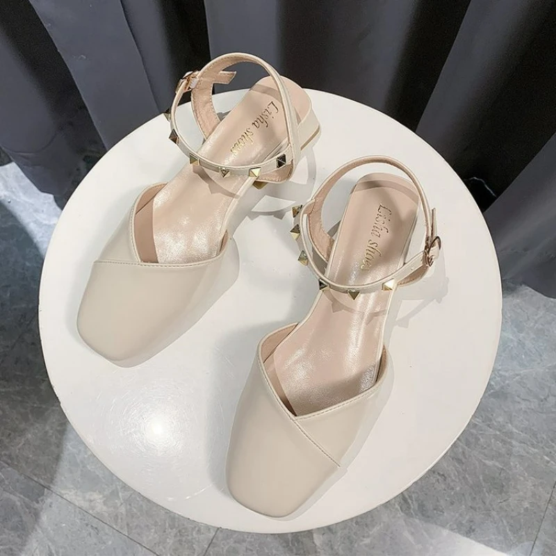 

Rivet High-heeled Sandals Women's 2022 Summer New Square-heeled Toe Cap Back Empty Word Buckle Sandals Women Shoes