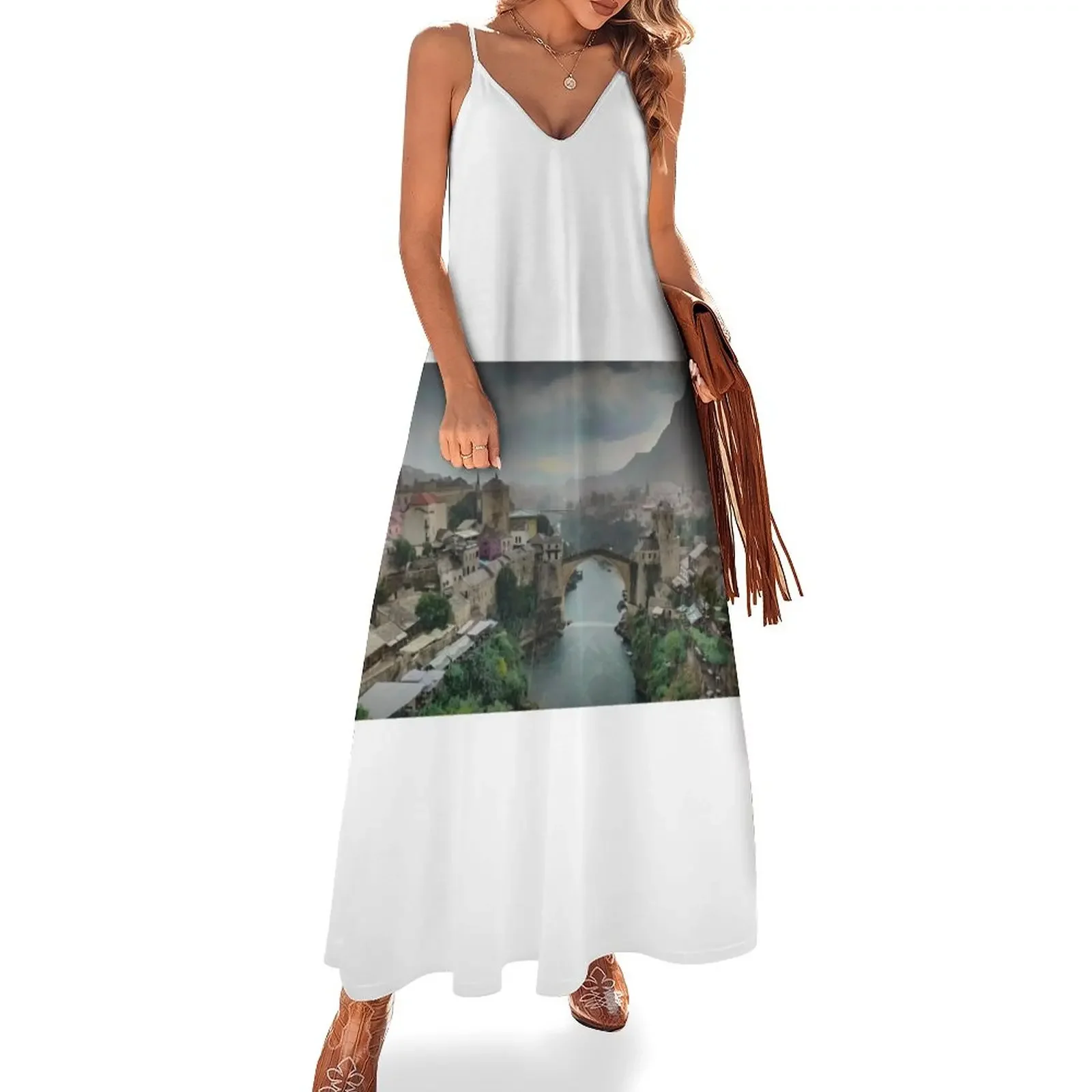 Mostar River Bosnia - Пейзажное платье без рукавов женское Женские платья Платье