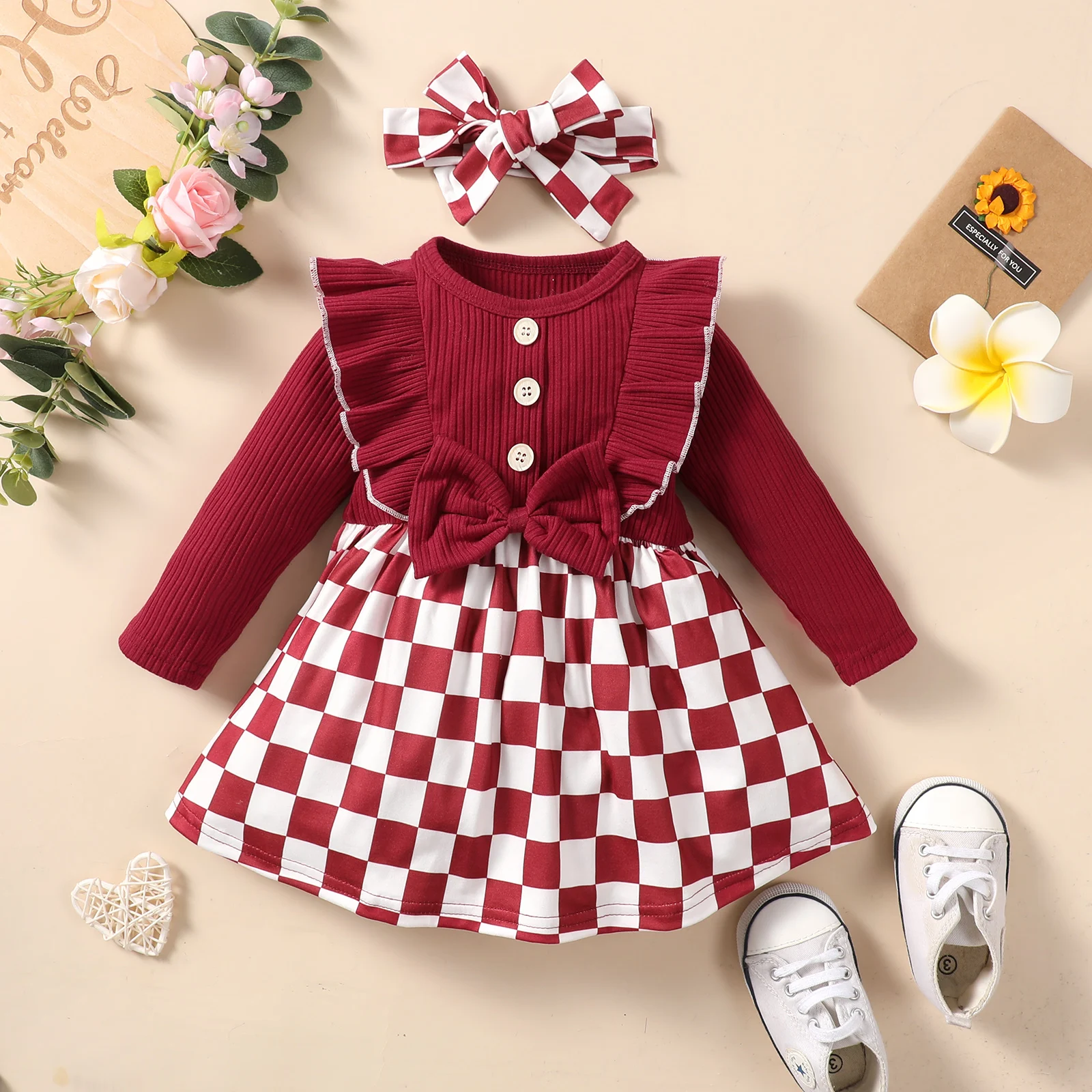 

Baby Girl Dress Autumn Sweet Dress Romper Bow Headband Long Sleeve Ruffled Leaf Patchwork A-Line Baby Dress Baby Clothes