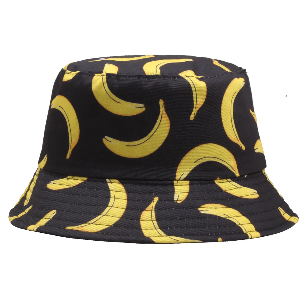 

Banana Print Double-sided for Men Women Foldable Summer Fashion Couple Panama Caps SunShade Bob Hip Hop Fisherman Hat Bone 2022