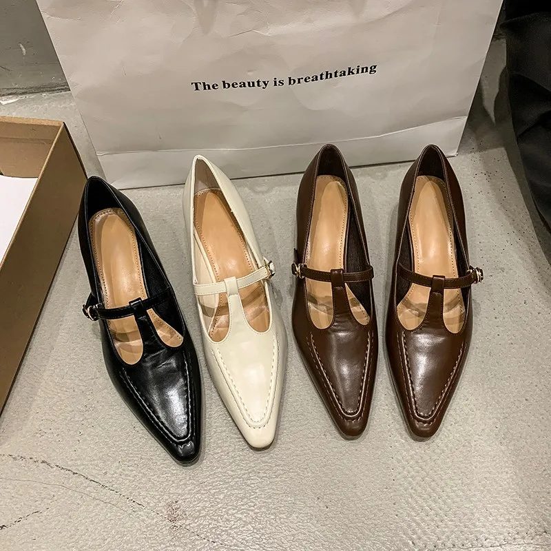 Модные туфли на одинарном каблуке с острым носком и пряжкой однотонная женская