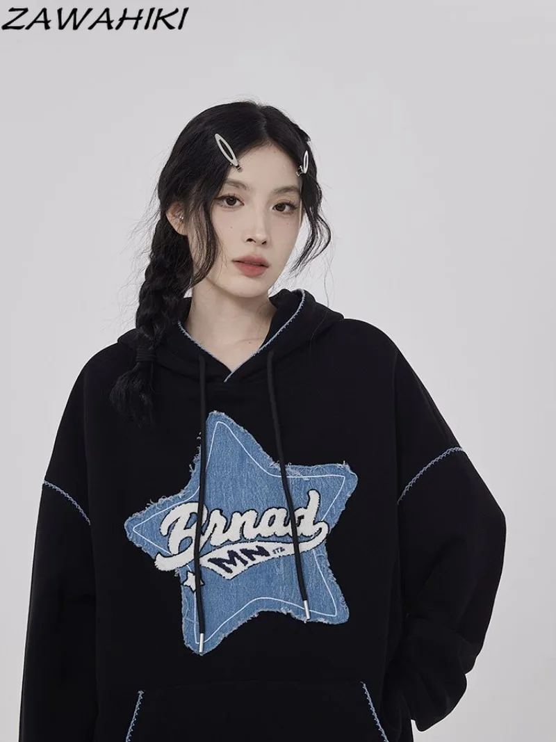 

Осенне-зимние новые свободные толстовки zawхиты с капюшоном, свитшот, Женская винтажная кофта в стиле пэчворк со звездами, модная уличная одежда, хлопковые шикарные топы