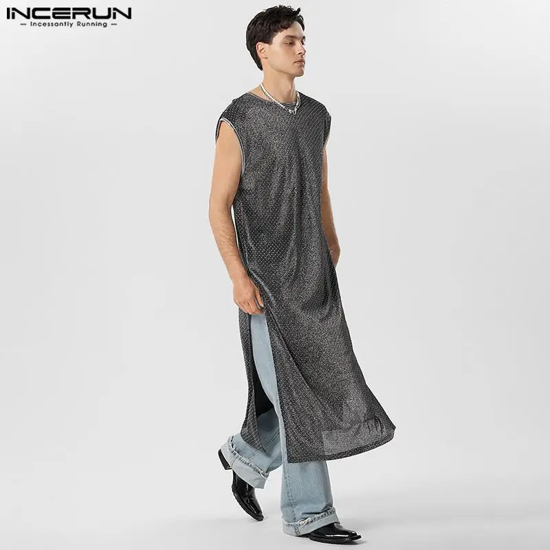 

INCERUN Men Tank Tops Shiny O-neck Sleeveless Loose Fashion Long Style Vests Men Split Side 2023 Streetwear Men Clothing S-5XL