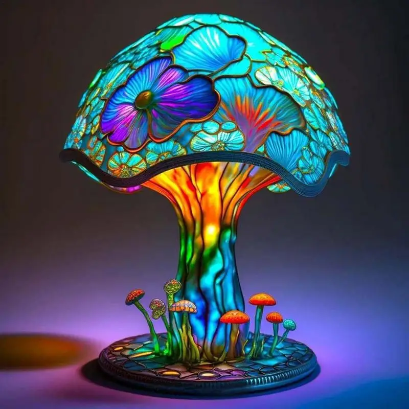

Retro Stained Glass Plant Series Table Lamps Colorful Bedroom Bedside Flower Mushroom Creative Table Night Lamp Atmosphere Light