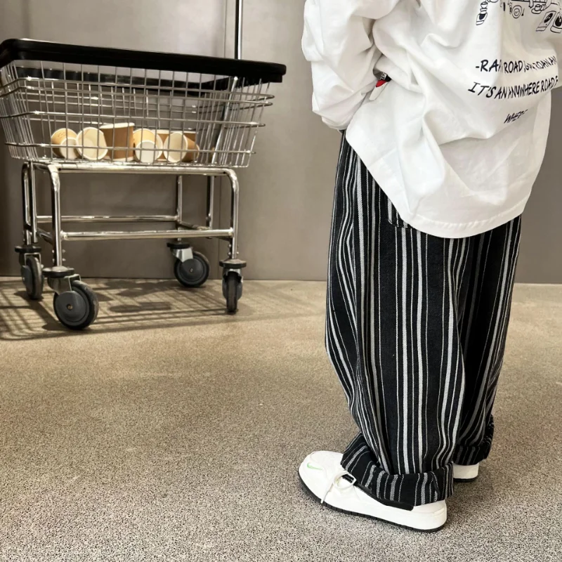 

New Spring Boys Vertical stripe Straight Pant Kids Cotton Loose Casual Trousers