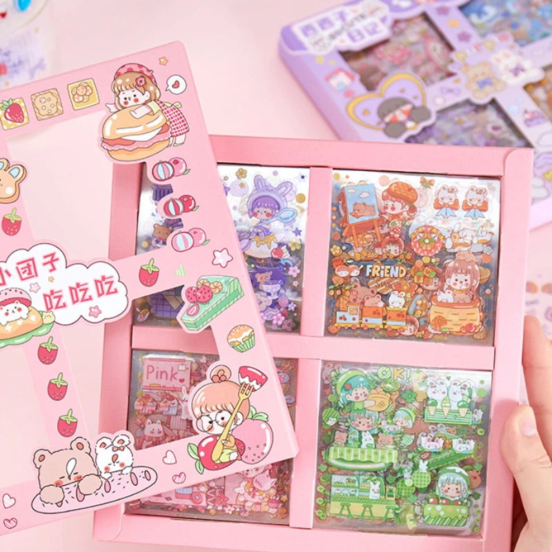 

100PCS/LOT Colorful Cartoon PVC Sticky Stickers Set Lovely Little Girl Decoration Stationery Gift 75*75mm