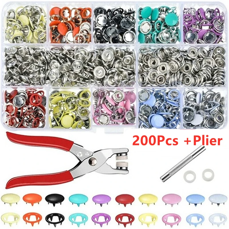 100/200 Sets Snap Fasteners Kit Tool  Metal Snap Buttons Rings with Fastener Pliers Press Tool Kit for Clothing Sewing Bibs DIY