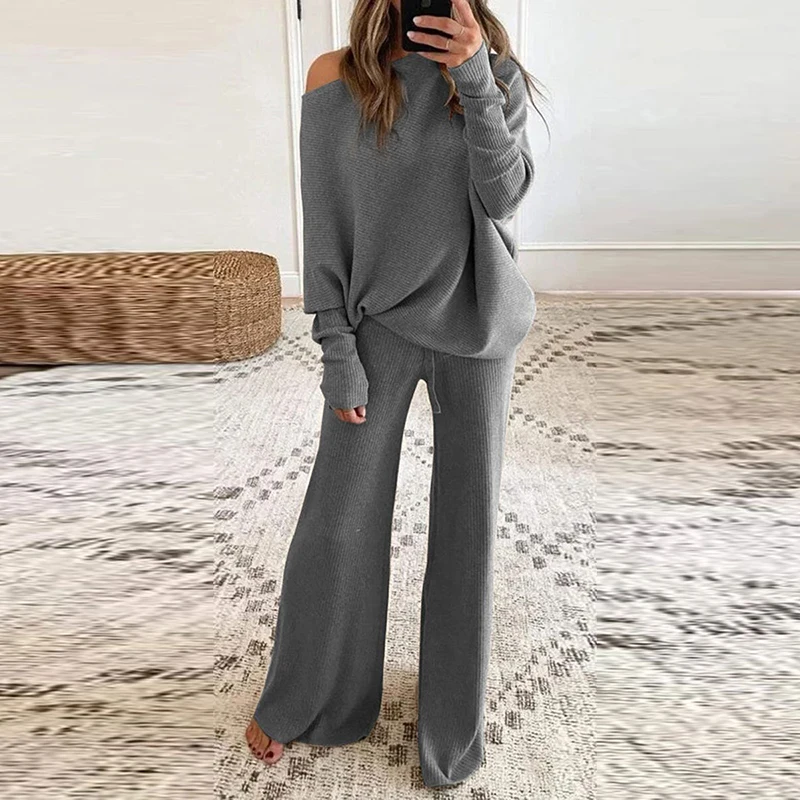 Women's 2-piece Set Spring and Autumn Loose One-shoulder Pullover Top Wide-leg Pants Sports Suit Ladies Casual Soft Sportswear