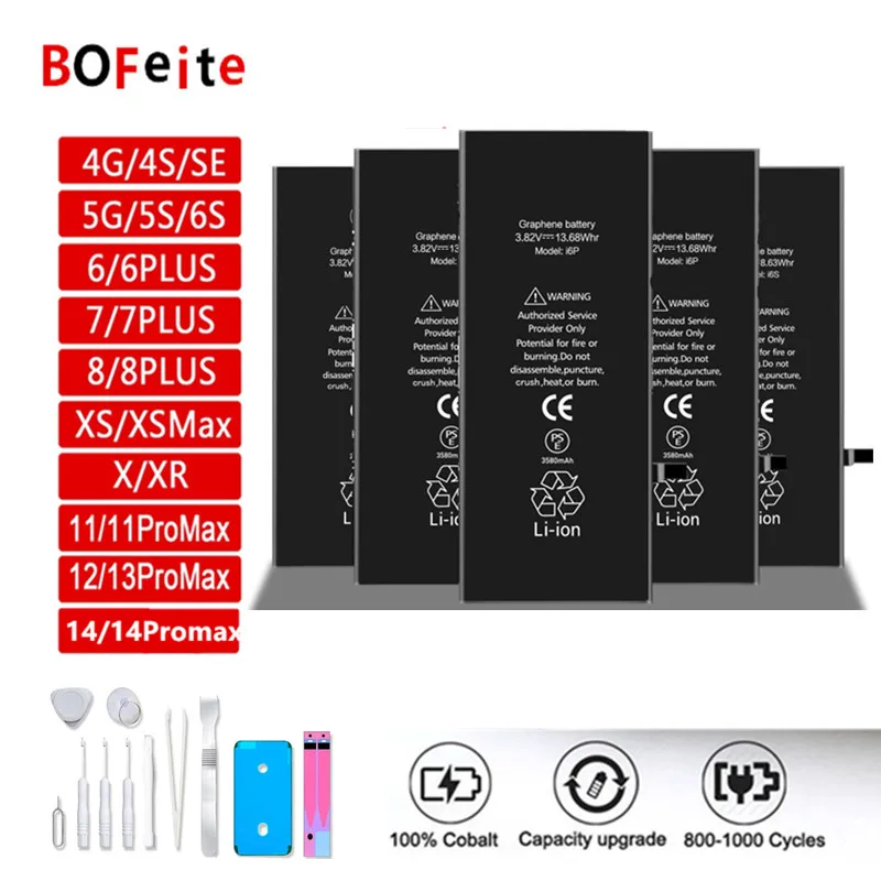 Enlarge BoFeite Battery For iPhone 5 5s 6S 6 7 8 Plus 11 12 Pro X XS MAX XR Replacement Bateria For Apple iPhone 14  14plus 14pro max