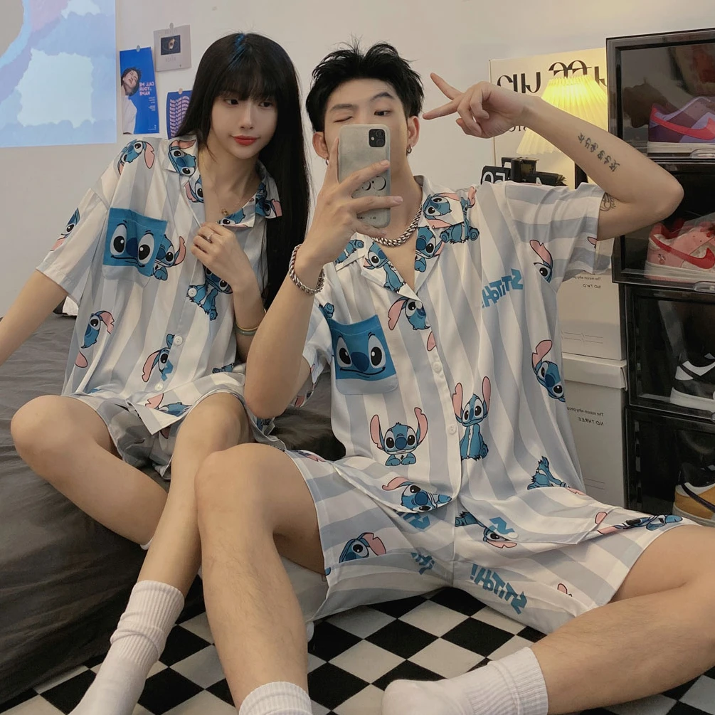 Disney High Quality Stitch Satin Pajamas Set for Women Men Soft Top and Shorts Stain Home Suit Cute Kawaii Couples Sleepwear