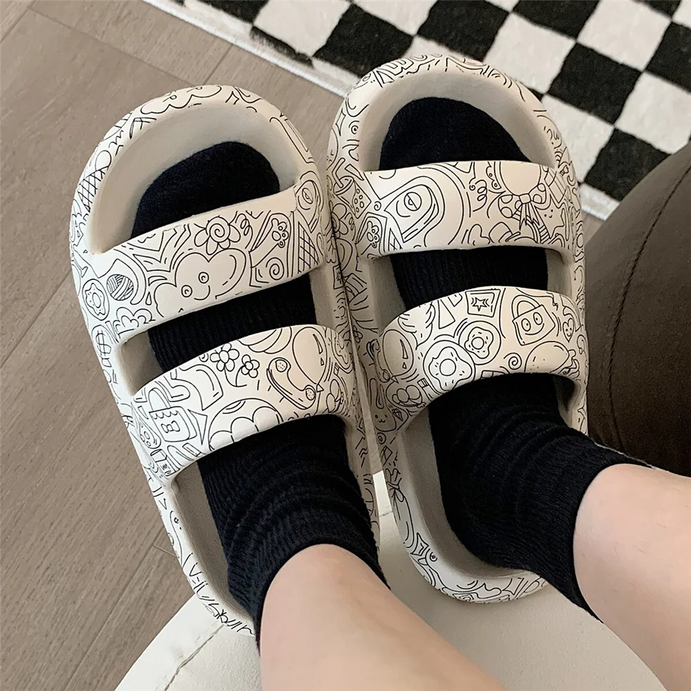 2023New Summer Creative Graffiti Couple Street Style Indoor Adult Sandals Thick Bottom Deodorant Non-slip Beach Outdoor Slippers