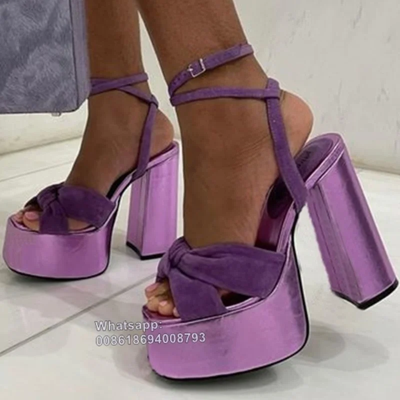 Moraima Snc Bow Knot Purple Platform Sandals Suede Round Toe Ankle Buckle Strap Chunky High Heel Sandals Women Shoes On Heels