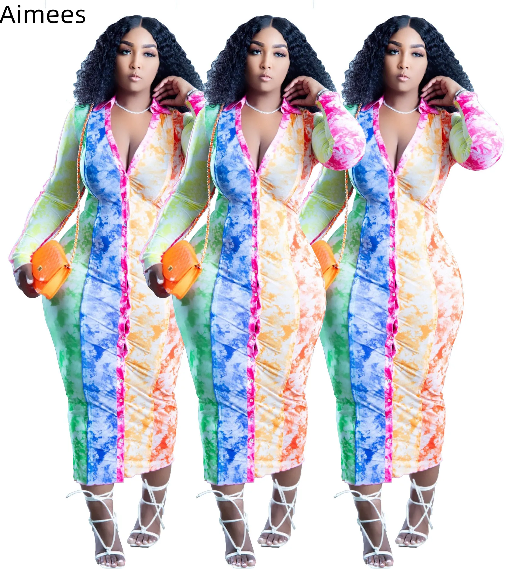 

Fall Tie Dye Printing Long Sleeves Shirt Dress for Party Contrast Colors Turn Down Neck Fashion Button-up Ladies Sheath Dresses