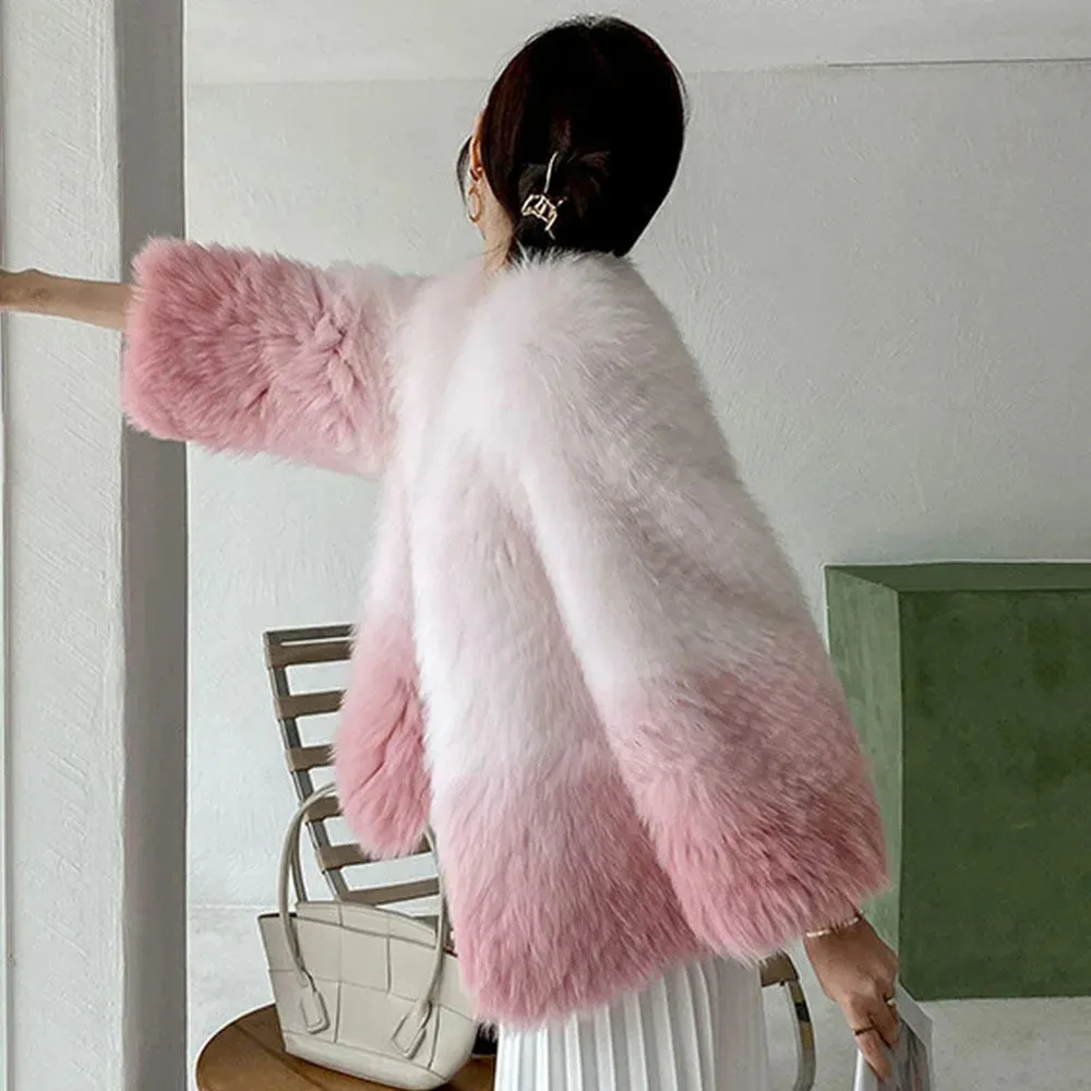 Winter Faux Fox fur faux Gradient Color Coat Female Profile pink Jackets Casual Warm Autumn Outerwear Lady Elegant Fur Jacket