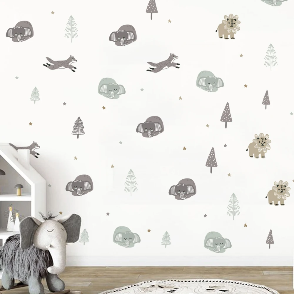 

Nordic Cute Cartoon Animals Wall Stickers Sunflower Lion Sleeping Elephant Stars Decals for Kids Rooms Baby Boys Room Decor