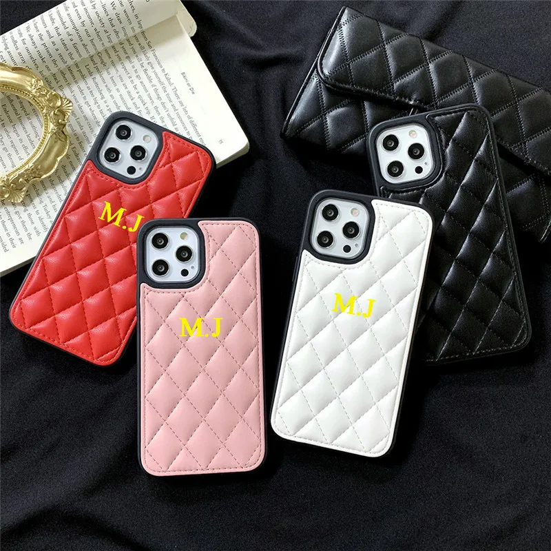

Luxury Lattice Leather Case Personalise Customized Letter Name Phone Case For iphone 13 12 11 Pro Max X XS XR 7 8 Plus Cover