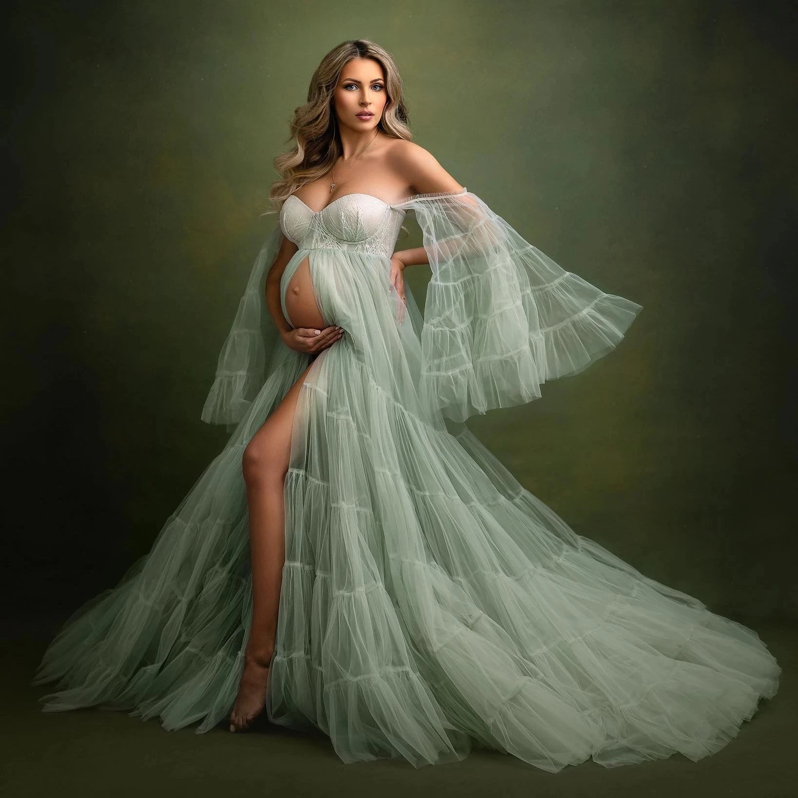 

14504 # элегантный мятный зеленый платье для беременных для фотосессии или для детей тюлевые платья для беременных с длинными рукавами-колокольчиками платье для беременных