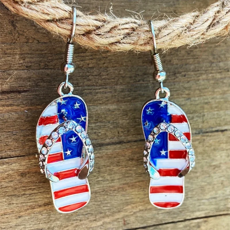 

PATRIOTIC EARRINGS USA Flag Print Flip Flop Earrings Red White and Blue Casual Sandals Ear Accessories 4th of July Memorial Day
