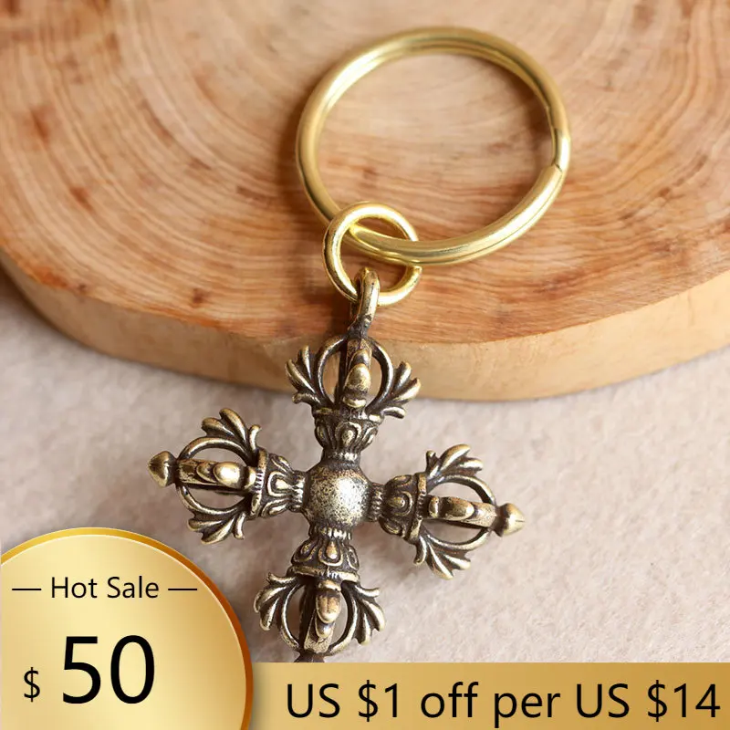 

Copper Buddhism Dorje Cross Vajry Pestle Keychain Pendant Vintage Brass Metal Key Chains Bag Charm Keyrings Craft Collections