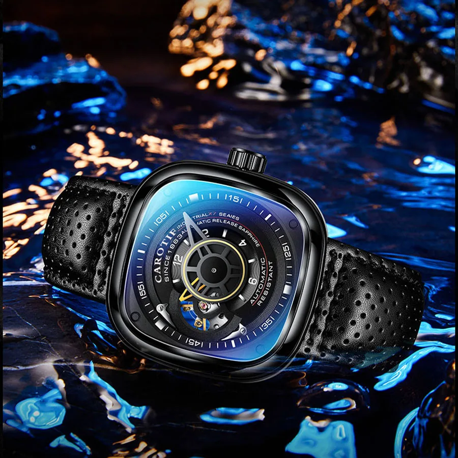 Купить Автоматические механические мужские часы 2022 Топ люксовый бренд мужские модные креативные квадратные часы-скелетоны мужские часы Новинка