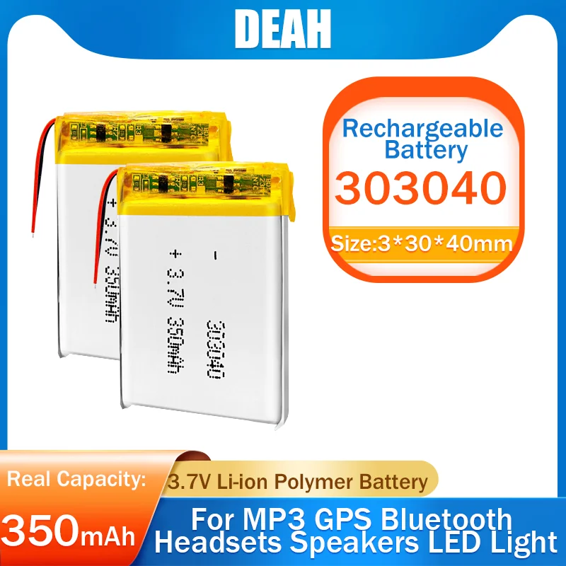 1/2pcs 3.7V 350mAh 303040 033040 Lithium Polymer Rechargeable Battery For MP3 Watch GPS Navigation Reading Pen Bluetooth Headset