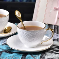 luxury flower ceramic tea cup saucer set tumbler with gold embossed light luxury exquisite afternoon tea cup with spoon