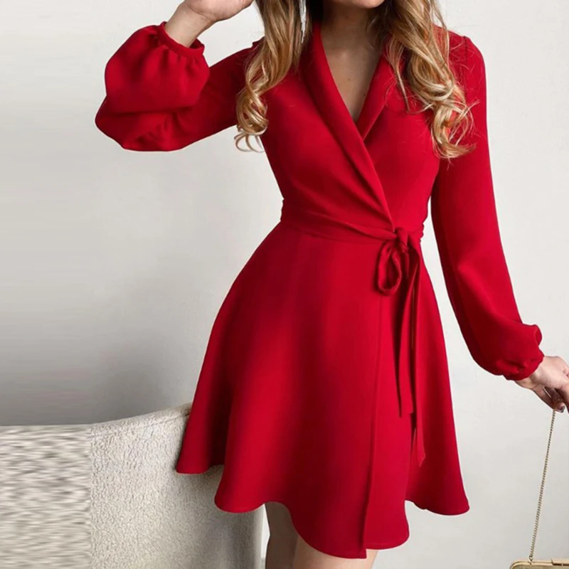 

Sexy Long Sleeve Mini Dress Women Deep V-Neck Slip Dresses Casual Slit Midi Dress Lace Ups Solid Color Dresses Woman Clothing
